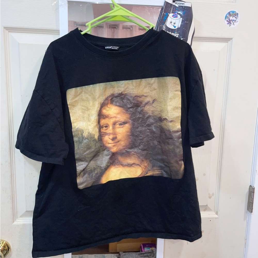 Black graphic Mona Lisa Crew Neck Top